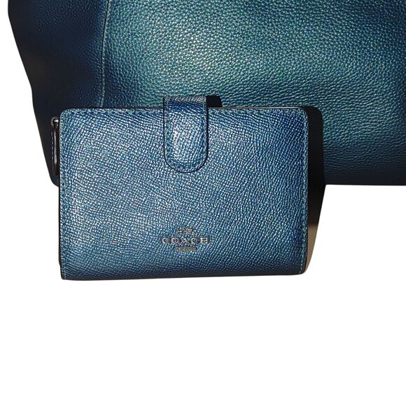 Coach Ava Chain Leather Shoulder Bag Wallet Set Metallic Teal Turquoise Nickle - Picture 14 of 15